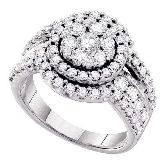 14k White Gold Round Diamond Flower Cluster Cluster Ring 2 Cttw