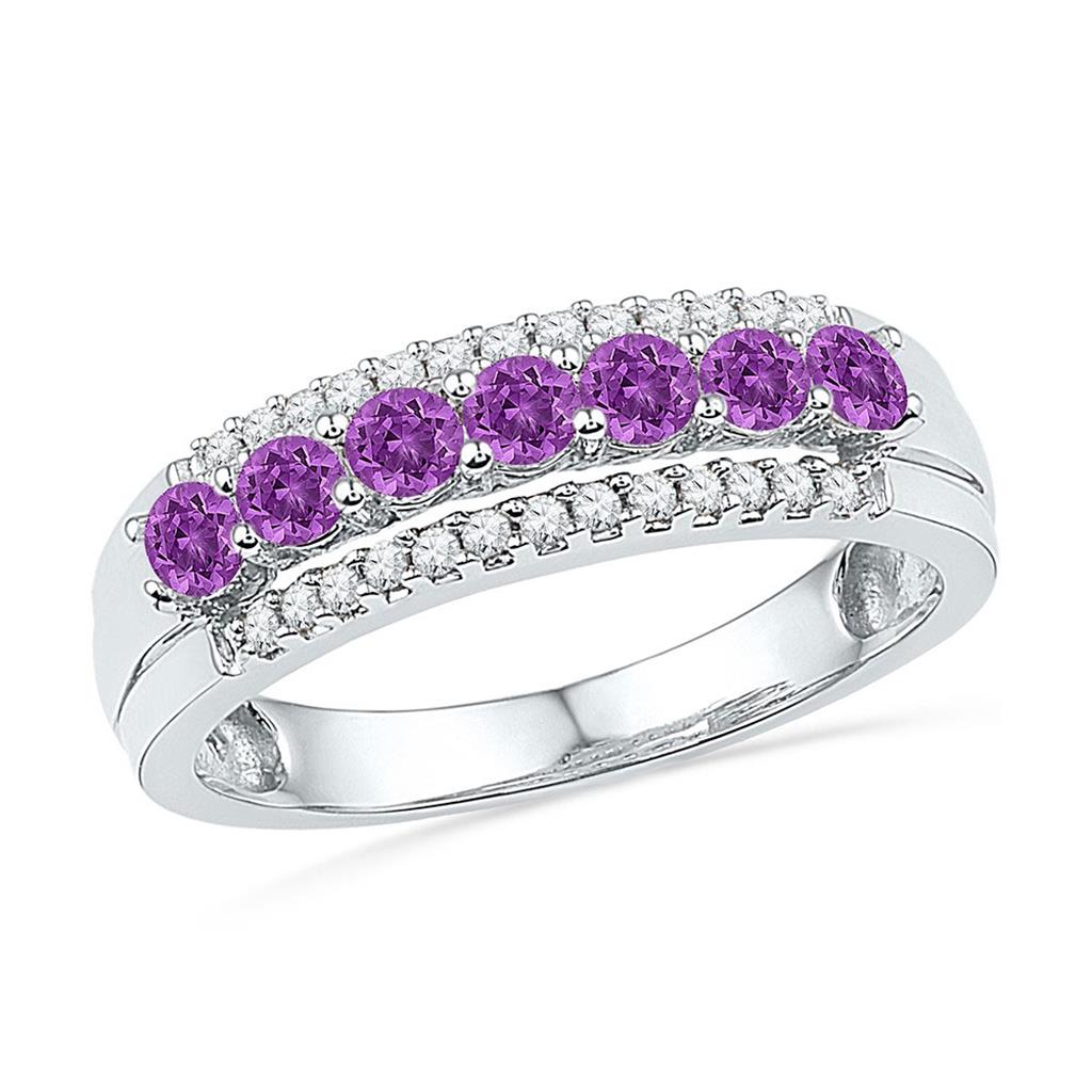 14k White Gold Round Created Amethyst Diamond Band Ring 5/8 Cttw