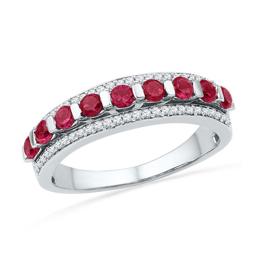 14k White Gold Round Created Ruby Diamond Band Ring 1 Cttw