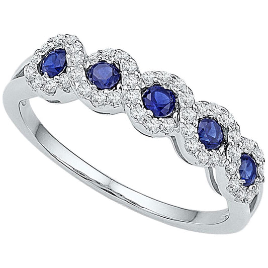 14k White Gold Round Created Blue Sapphire Band Ring 1/2 Cttw