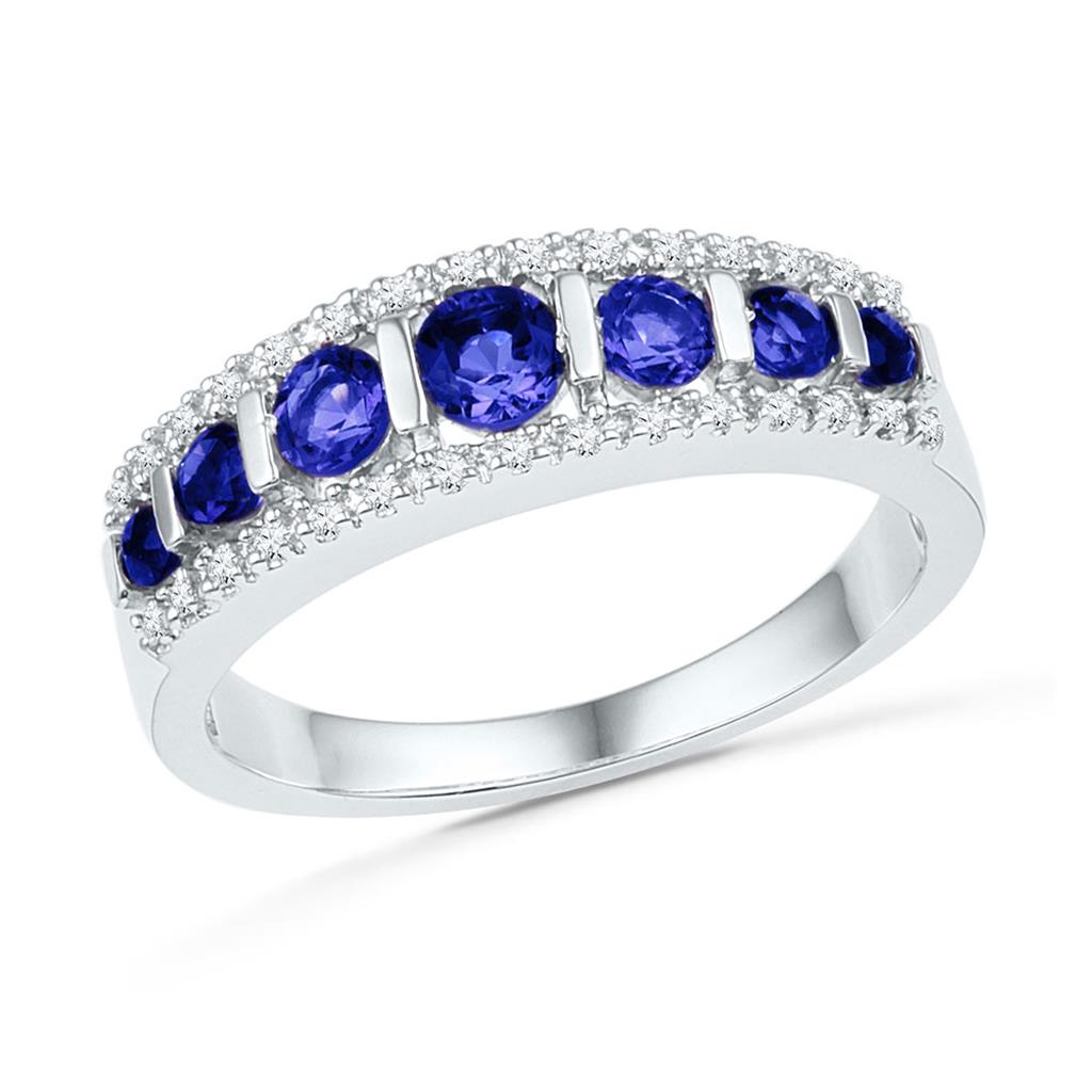 14k White Gold Round Created Blue Sapphire Diamond Band Ring 7/8 Cttw