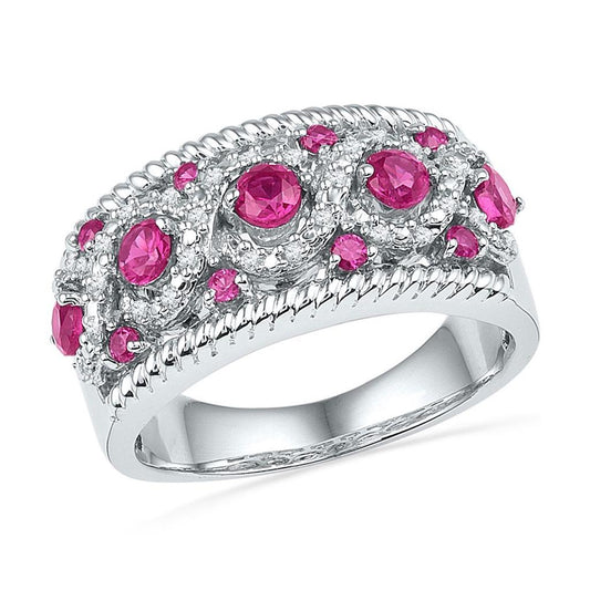 14k White Gold Round Created Pink Sapphire Diamond Roped Band 1 Cttw