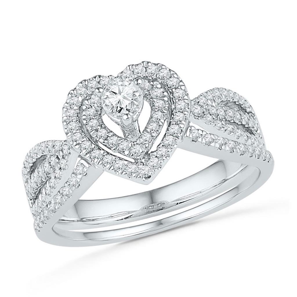 14k White Gold Round Diamond Heart Bridal Wedding Ring Set 5/8 Cttw