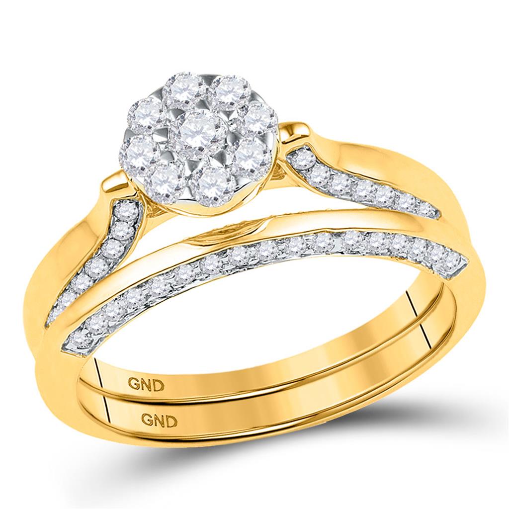 10k Yellow Gold Round Diamond Cluster Bridal Wedding Ring Set 5/8 Cttw