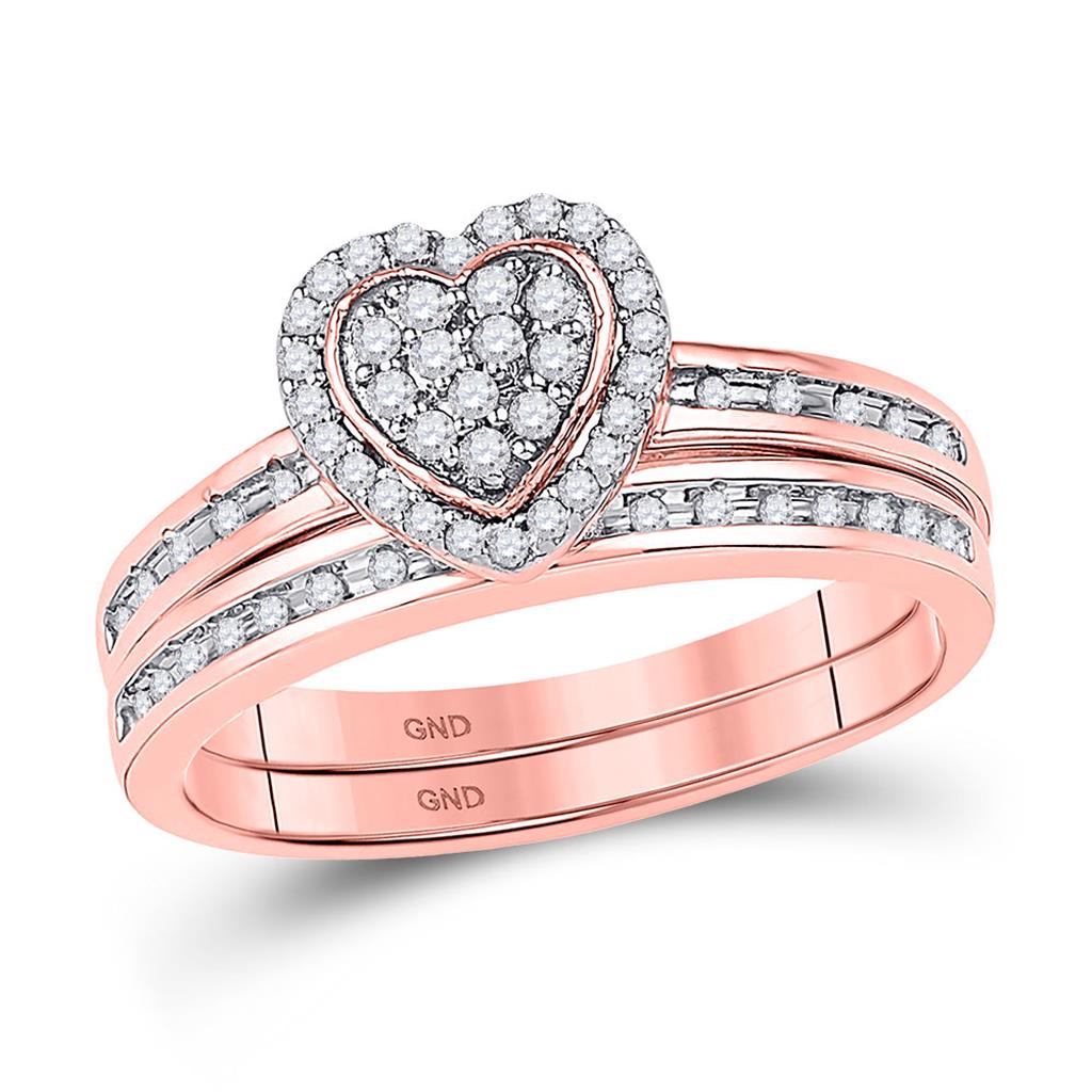 10k Rose Gold Round Diamond Heart Bridal Wedding Ring Set 1/4 Cttw