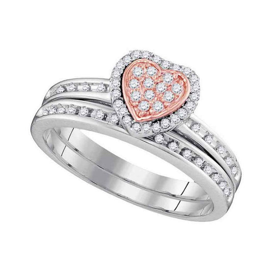 10k Two-tone Gold Round Diamond Heart Bridal Wedding Ring Set 1/4 Cttw