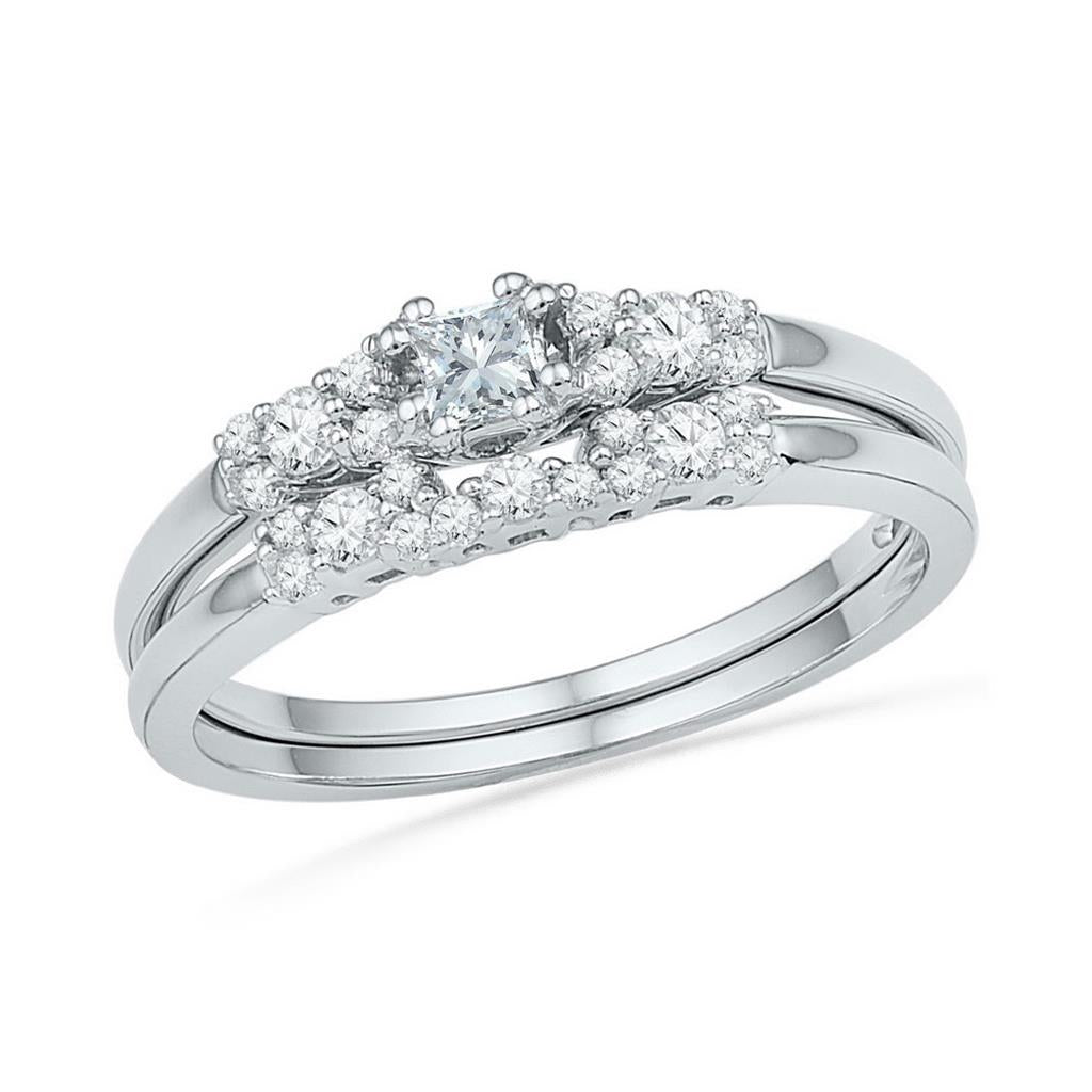 14k White Gold Princess Diamond Bridal Wedding Ring Set 3/8 Cttw