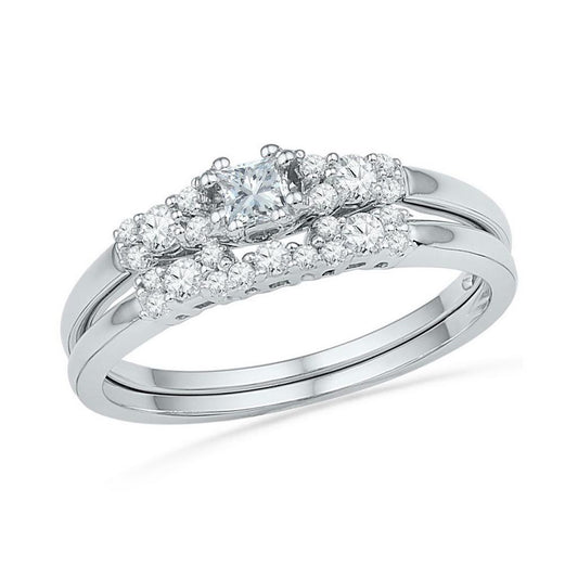 14k White Gold Princess Diamond Bridal Wedding Ring Set 3/8 Cttw