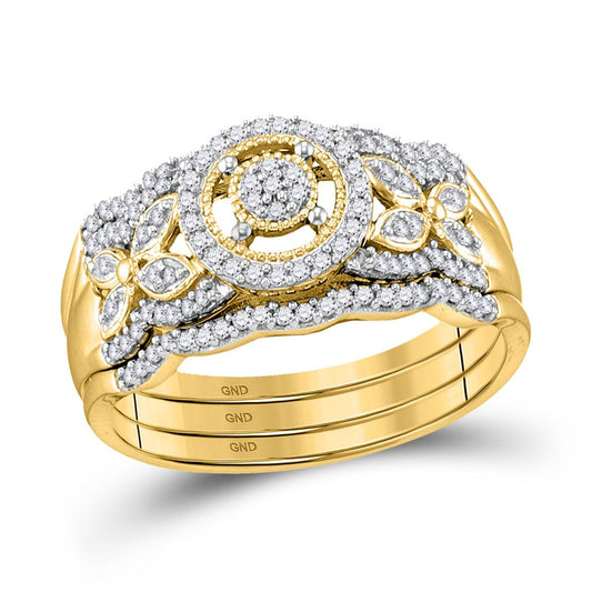 10k Yellow Gold Round Diamond 3-Piece Bridal Wedding Ring Set 1/3 Cttw