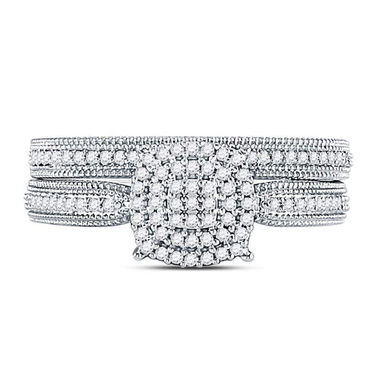 14kt White Gold Round Diamond Milgrain Bridal Wedding Ring Set 1/3 Cttw