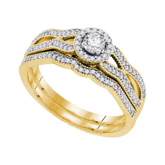 10k Yellow Gold Round Diamond Milgrain Bridal Wedding Ring Set 3/8 Cttw