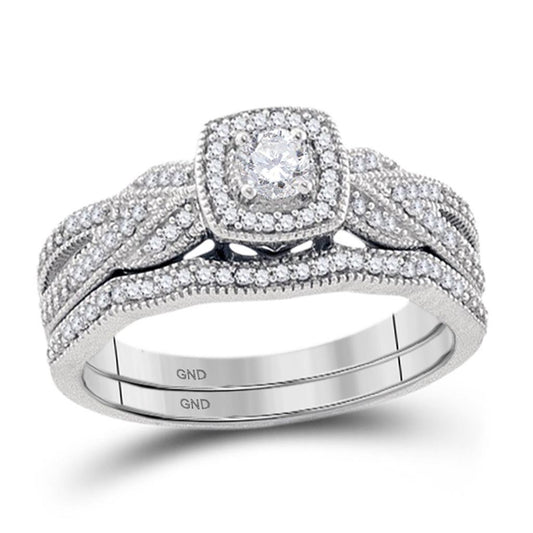 14k White Gold Round Diamond Milgrain Bridal Wedding Ring Set 3/8 Cttw