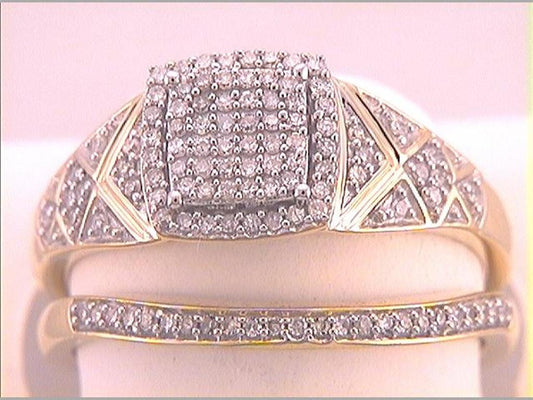 10k Yellow Gold Square Cluster Diamond Wedding Ring Set 1/3 Cttw