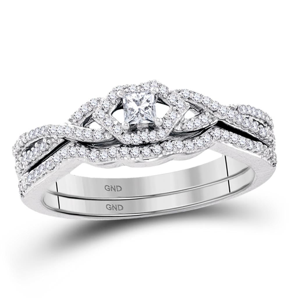 14k White Gold Princess Diamond Bridal Wedding Ring Set 1/3 Cttw