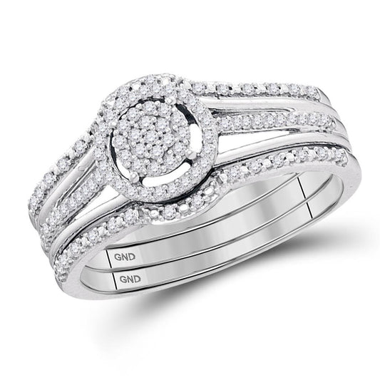 14k White Gold Round Diamond 3-Piece Bridal Wedding Ring Set 1/4 Cttw