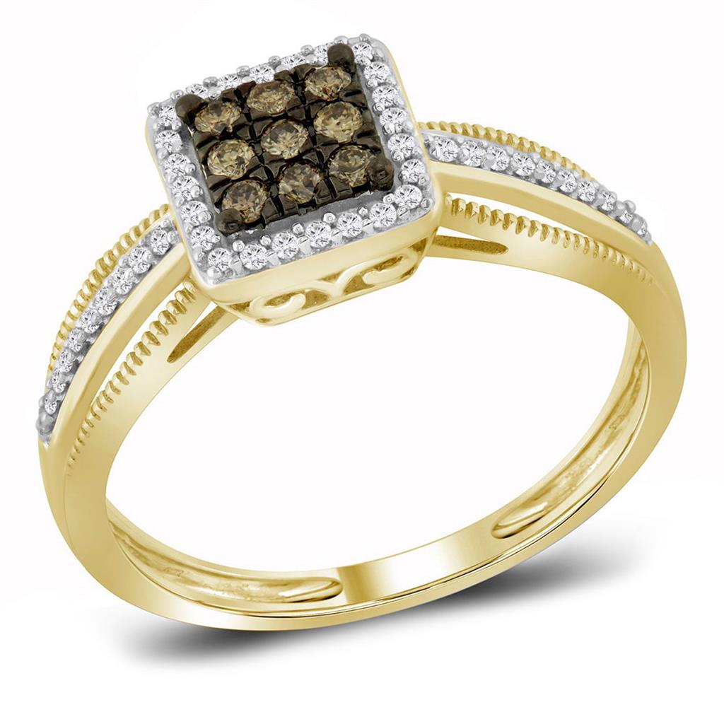 10k Yellow Gold Round Brown Diamond Square Cluster Ring 1/4 Cttw