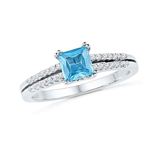 14k White Gold Princess Created Blue Topaz Solitaire Ring 5/8 Cttw