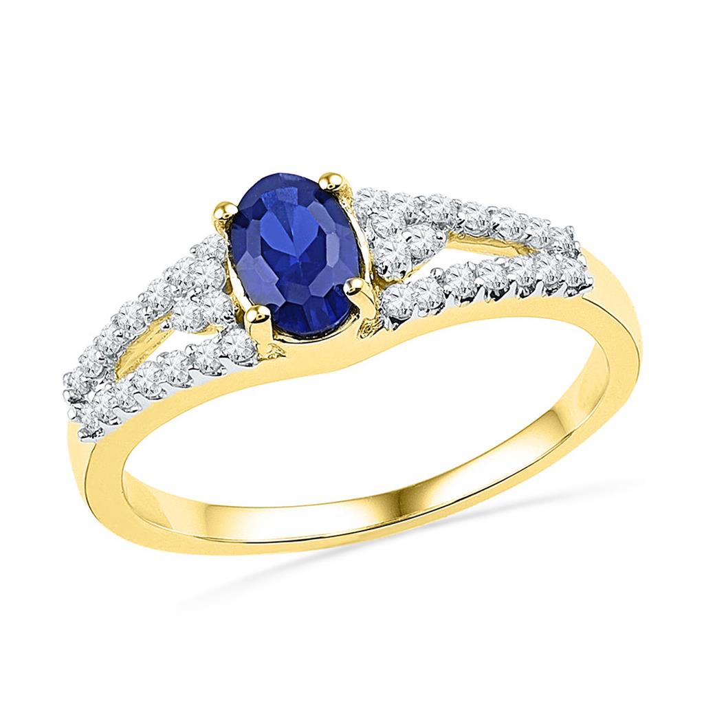 10k Yellow Gold Oval Created Blue Sapphire Solitaire Diamond Ring 1 Cttw