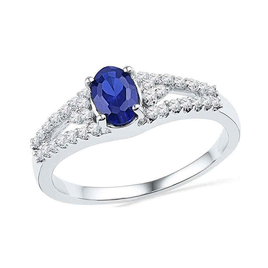 14k White Gold Oval Created Blue Sapphire Solitaire Diamond Ring 1 Cttw