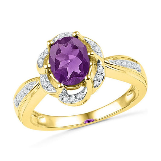 10k Yellow Gold Oval Created Amethyst Solitaire Diamond Ring 1-3/4 Cttw