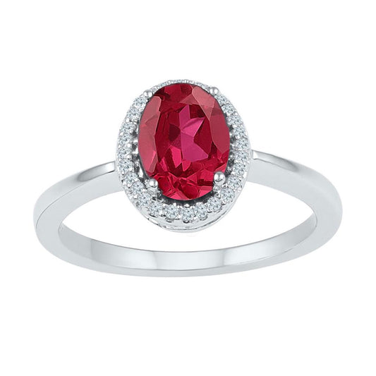 14k White Gold Oval Created Ruby Diamond Solitaire Ring 1 Cttw