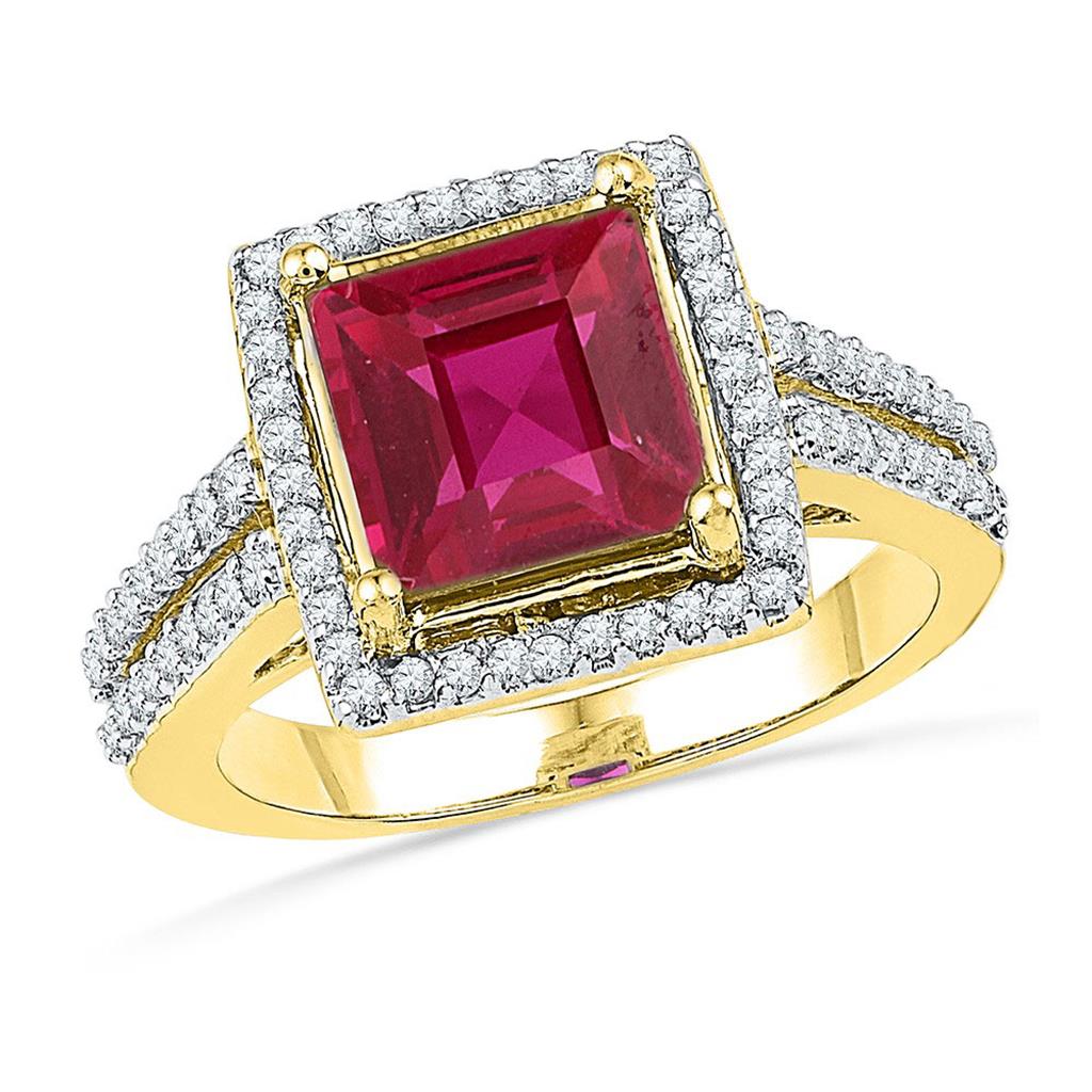 10k Yellow Gold Princess Created Ruby Solitaire Diamond Ring 1/3 Cttw