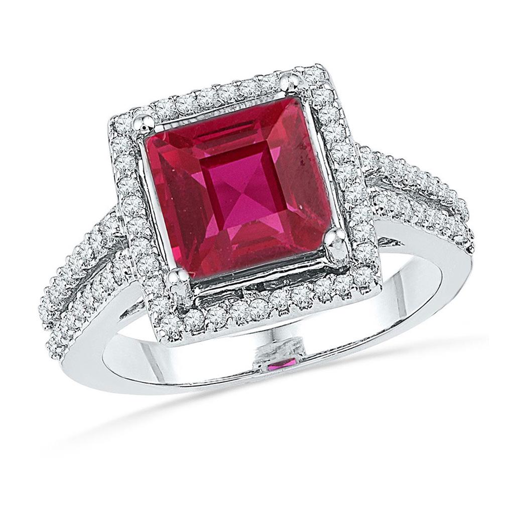 14k White Gold Cushion Created Ruby Solitaire Diamond Ring 1/3 Cttw