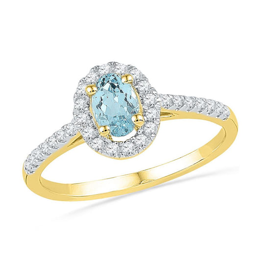 10k Yellow Gold Oval Created Aquamarine Solitaire Diamond Ring 1/5 Cttw