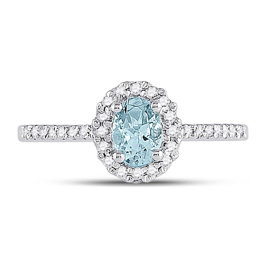 14k White Gold Oval Aquamarine Diamond-accent Solitaire Ring 1/5 Cttw