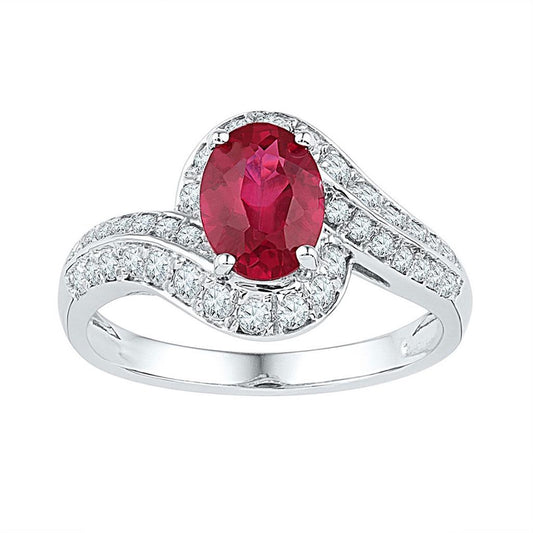 14k White Gold Oval Created Ruby Solitaire Ring 2 Cttw
