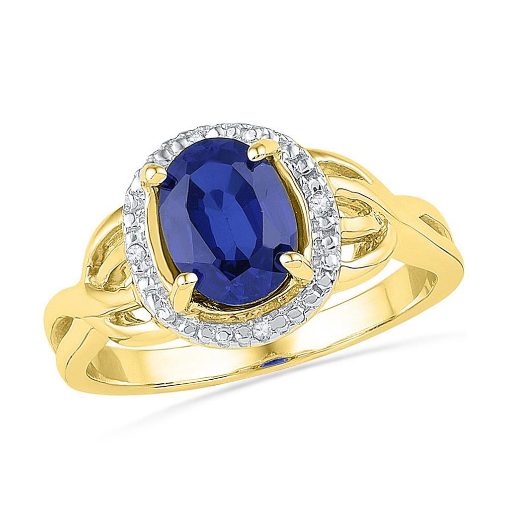 10k Yellow Gold Oval Created Blue Sapphire Solitaire Diamond Ring .02 Cttw