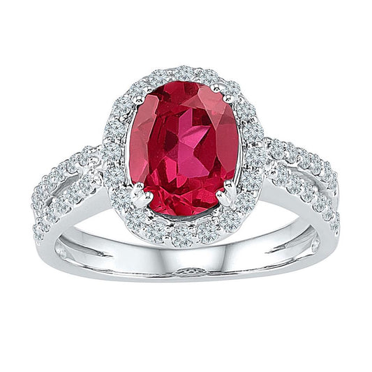 14k White Gold Oval Created Ruby Solitaire Ring 2 Cttw