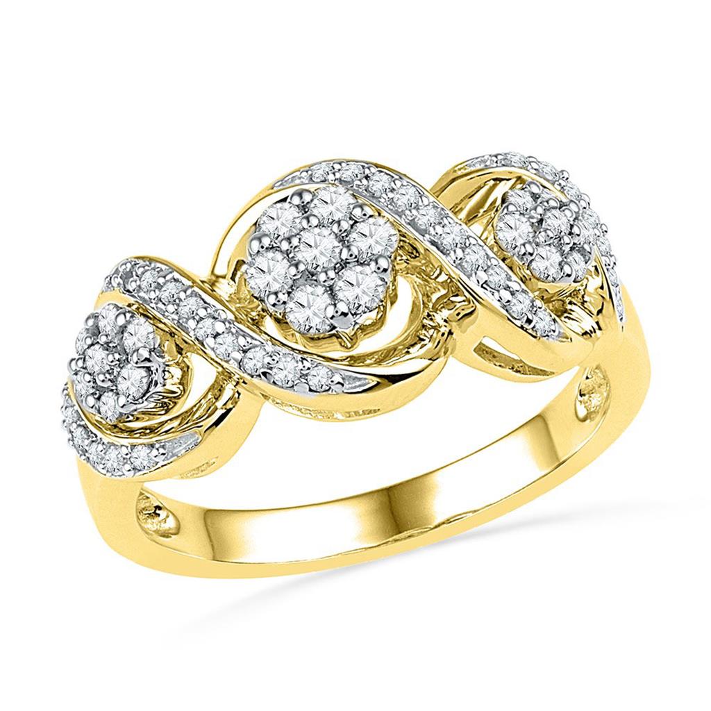 10k Yellow Gold Round Diamond Triple Flower Cluster Ring 1/3 Cttw