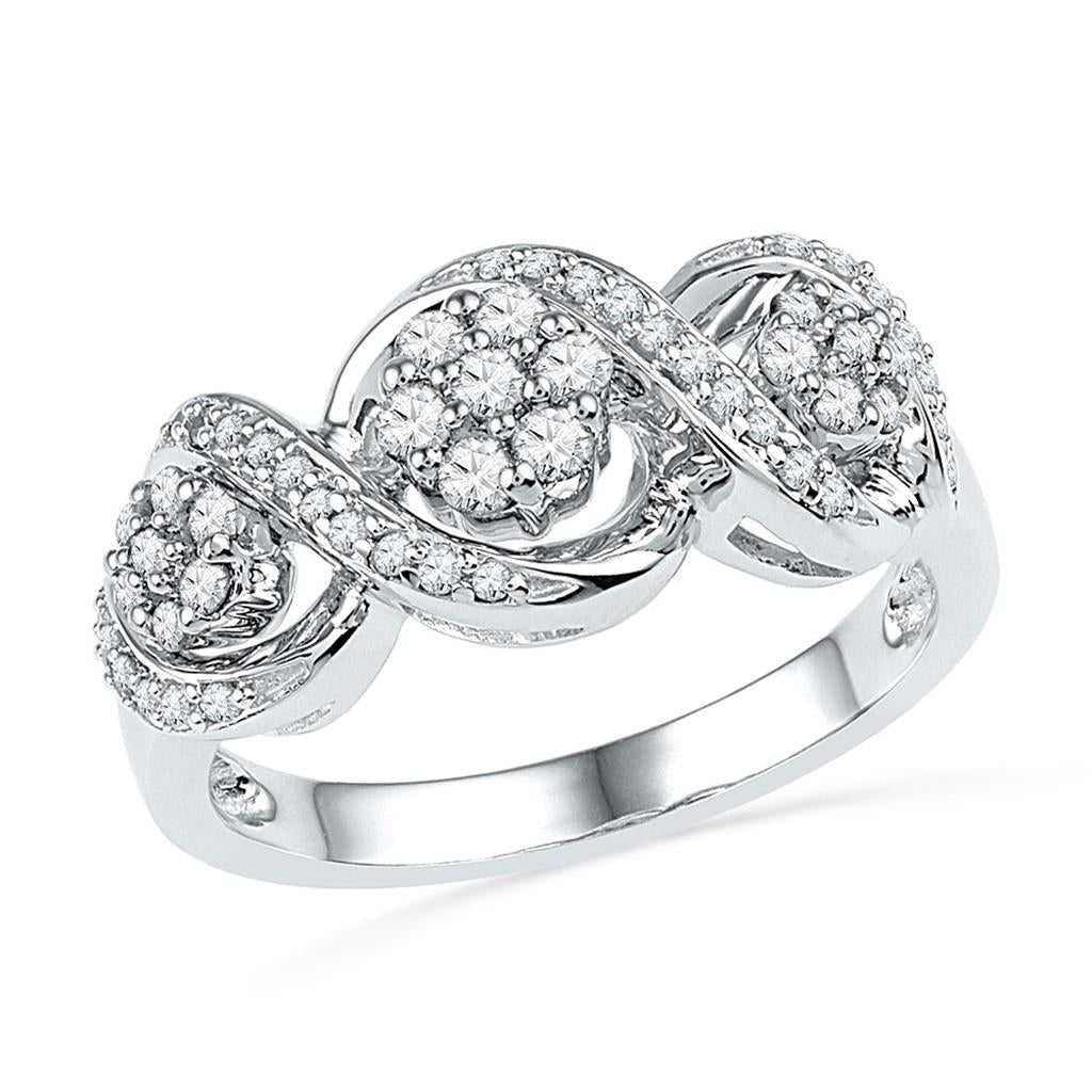 14k White Gold Round Diamond Triple Flower Cluster Ring 1/3 Cttw