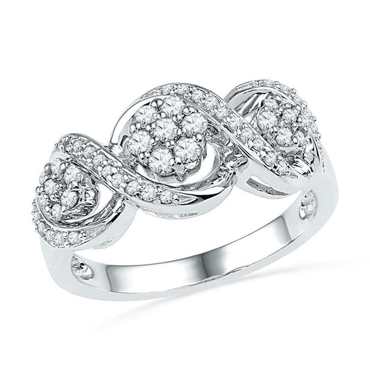 14k White Gold Round Diamond Triple Flower Cluster Ring 1/3 Cttw
