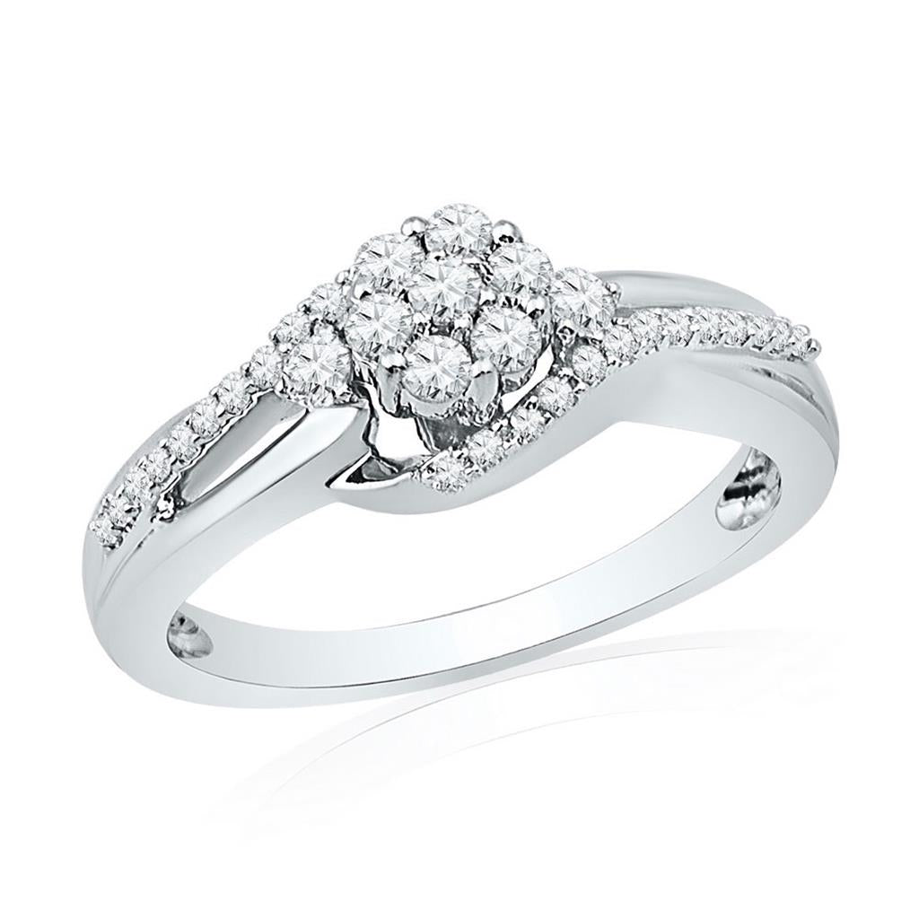 14k White Gold Round Diamond Flower Cluster Ring 1/3 Cttw