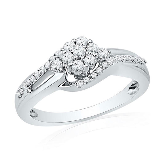 14k White Gold Round Diamond Flower Cluster Ring 1/3 Cttw
