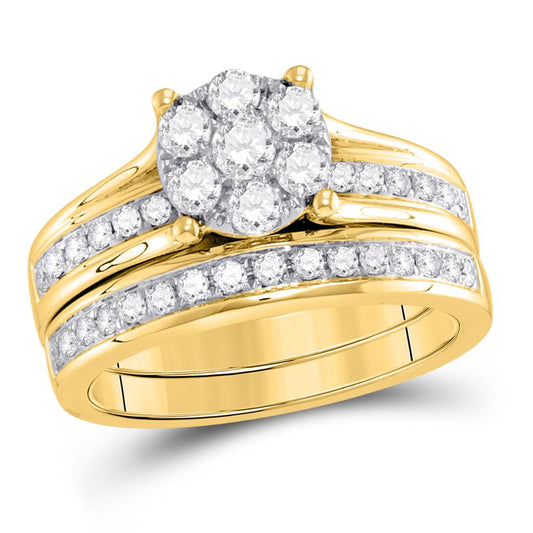 14k Yellow Gold Round Diamond Cluster Bridal Wedding Ring Set 1 Cttw