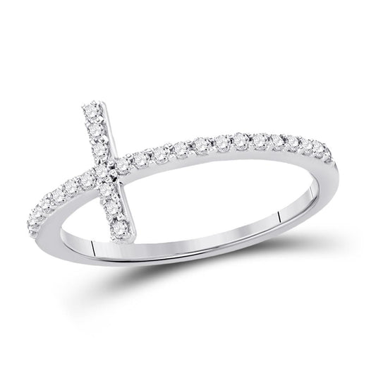 14k White Gold Round Diamond Slender Cross Band Ring 1/5 Cttw - Size 8