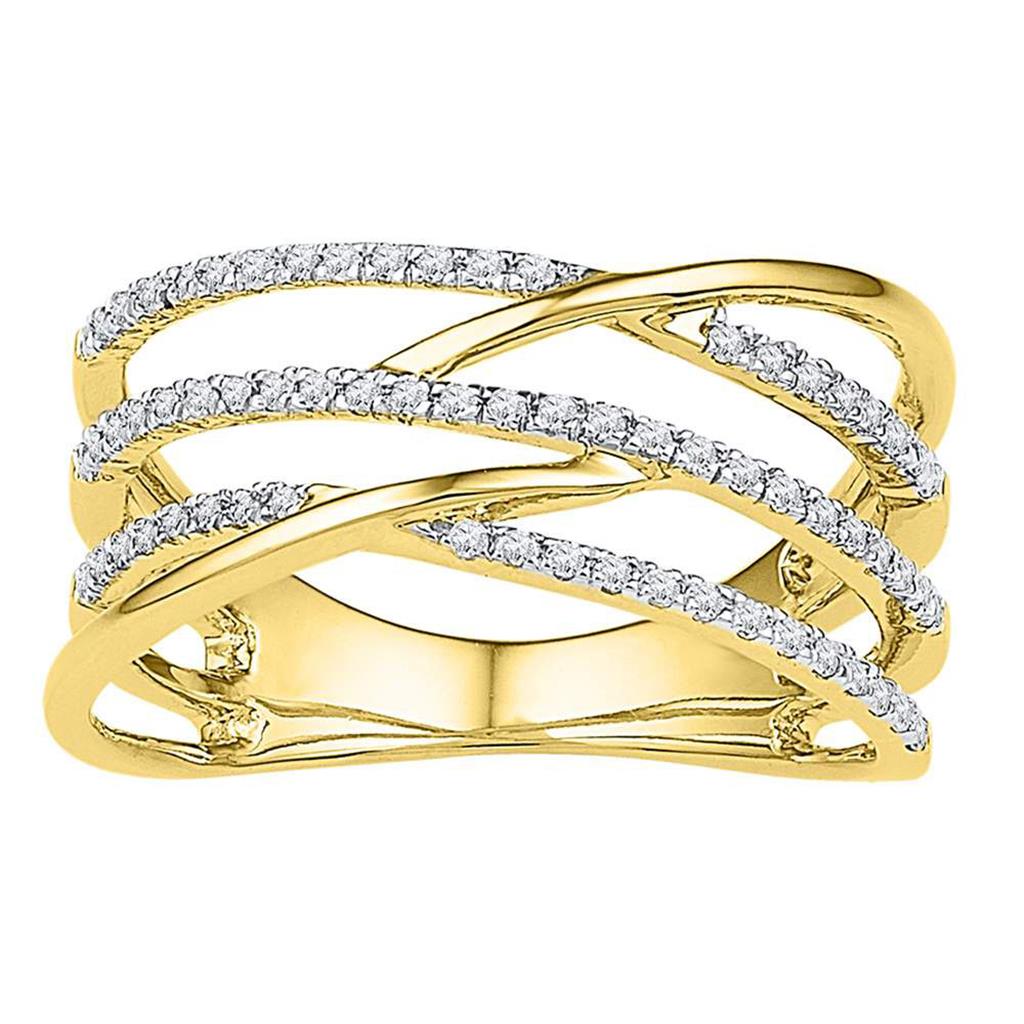 10k Yellow Gold Round Diamond Triple Row Openwork Crossover Band Ring 1/3 Cttw