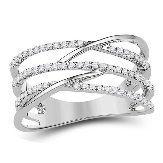 14k White Gold Round Diamond Triple Row Openwork Crossover Band Ring 1/3 Cttw