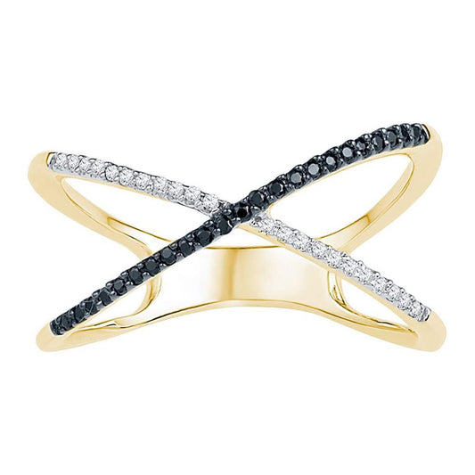 10k Yellow Gold Round Black Diamond Crossover Band Ring 1/6 Cttw