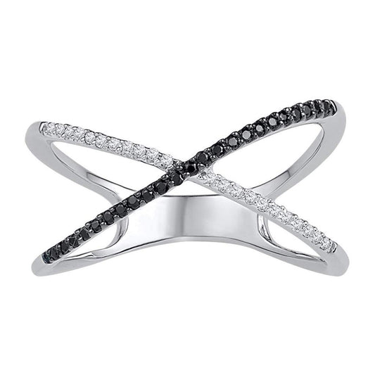 14k White Gold Round Black Diamond Crossover Band Ring 1/6 Cttw