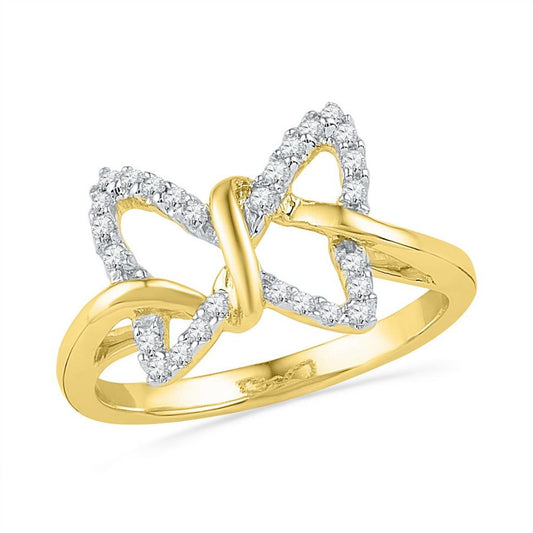10k Yellow Gold Diamond Butterfly Bug Daily-wear Right-hand Ring 1/6 Cttw