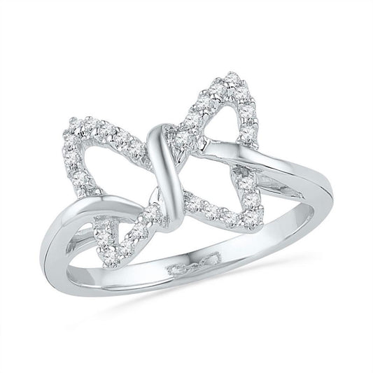 14k White Gold Diamond Butterfly Bug Daily-wear Right-hand Ring 1/6 Cttw