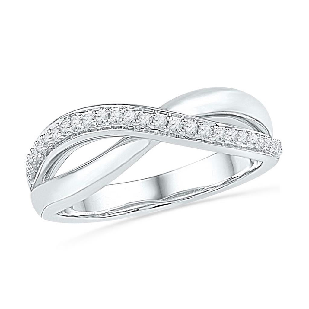 14k White Gold Round Diamond Crossover Band Ring 1/10 Cttw
