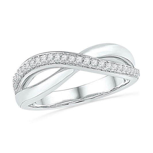 14k White Gold Round Diamond Crossover Band Ring 1/10 Cttw