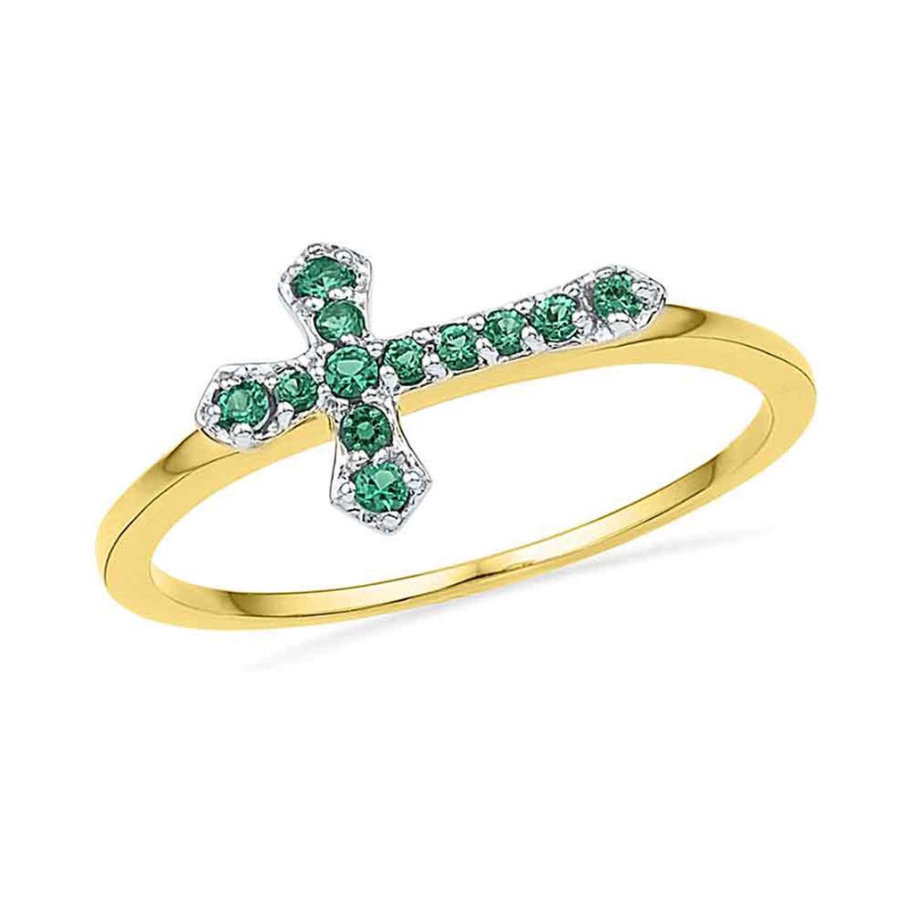 10k Yellow Gold Round Created Emerald Cross Band Ring 1/8 Cttw
