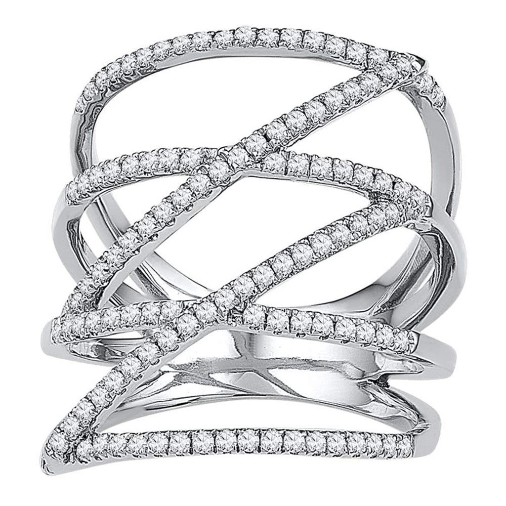 14k White Gold Round Diamond Crossover Strand Fashion Band Ring 1/2 Cttw