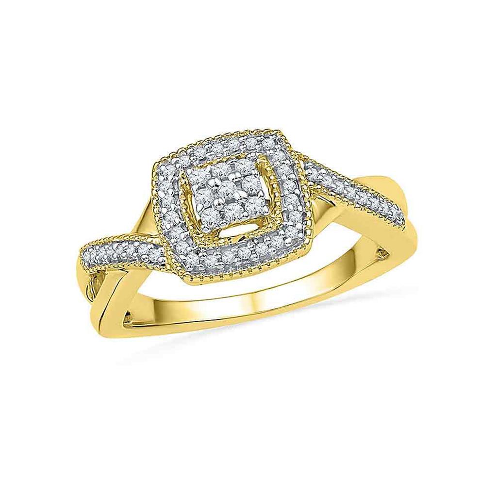 10k Yellow Gold Round Diamond Square Frame Cluster Twist Ring 1/5 Cttw